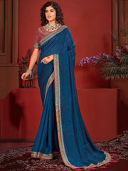 Alluring Blue Embroidered Vichitra Silk Event Wear Saree With Blouse