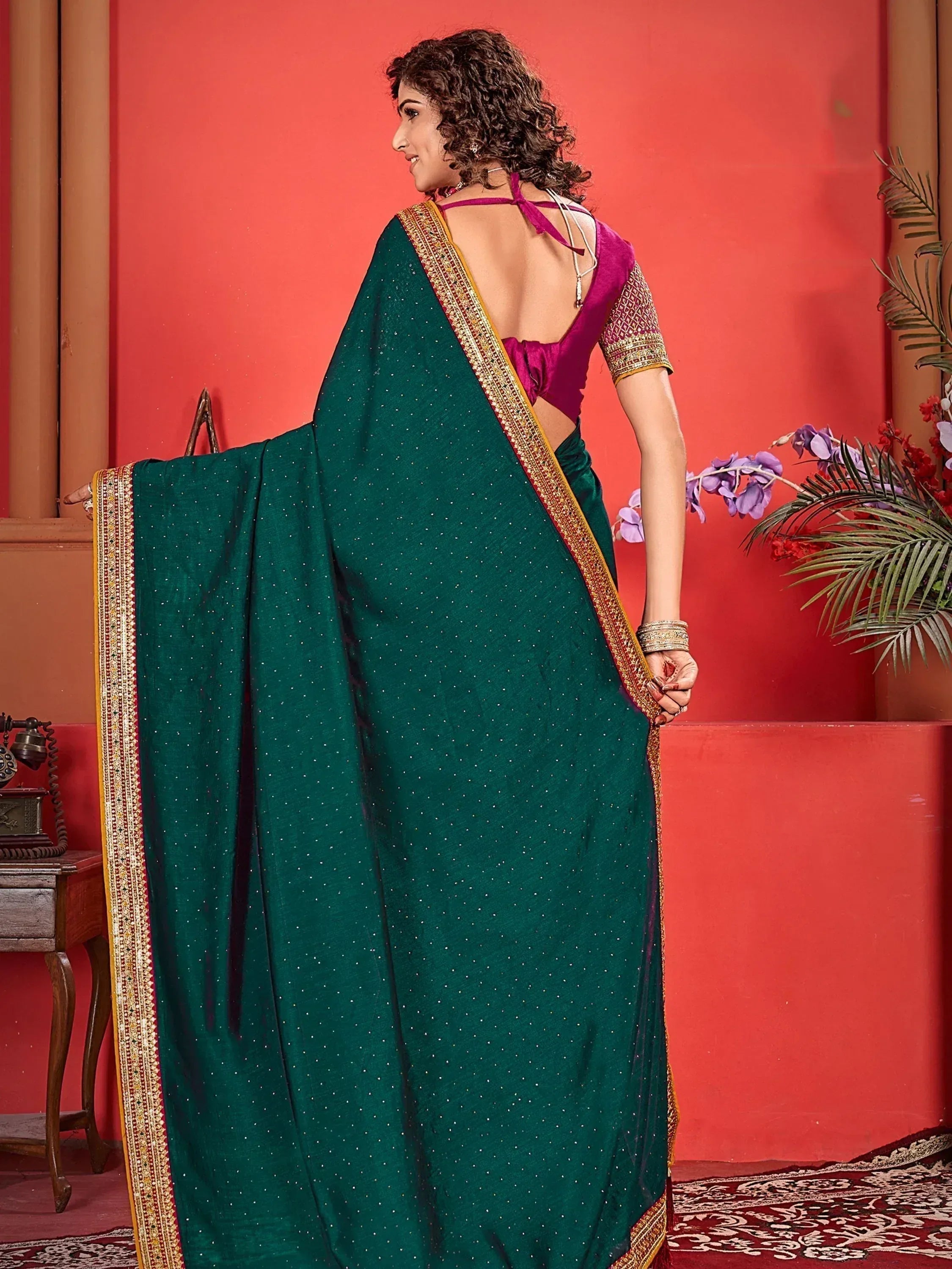 Emerald green saree with gold border and pink blouse, Indian ethnic wear for women