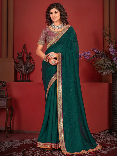 Attractive Teal Green Embroidered Vichitra Silk Event Wear Saree