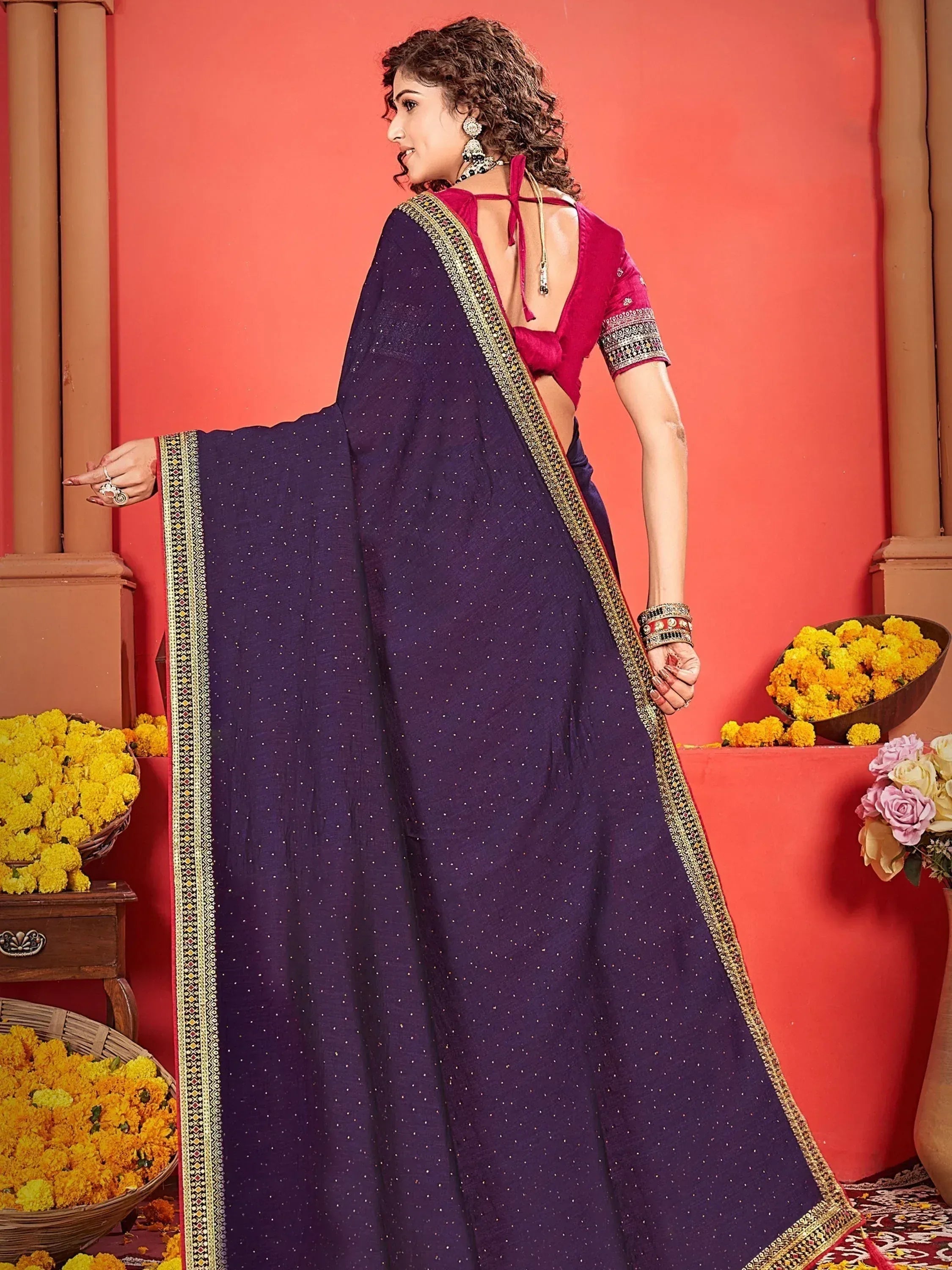 Purple embroidered saree with gold border and pink blouse, Indian ethnic wear for women