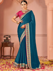 Incredible Teal Blue Swarovski Work Silk Festival Wear Saree With Blouse
