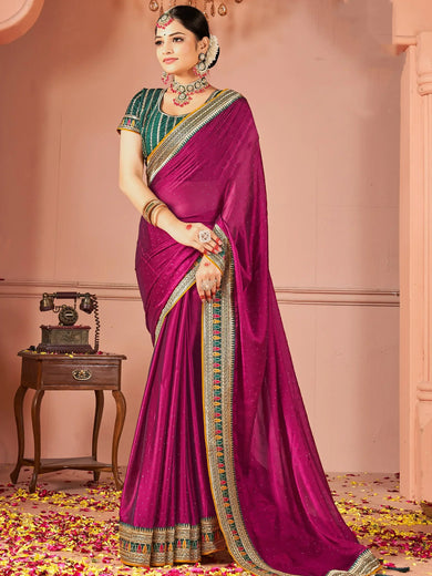 Stunning Purple Swarovski Work Silk Wedding Saree With Blouse