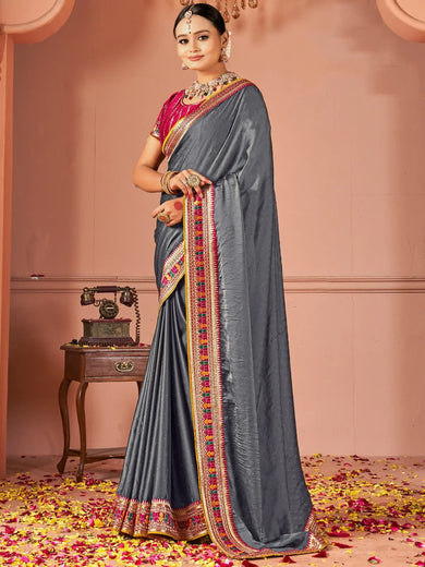 Glamorous Grey Swarovski Work Silk Party Wear Saree With Blouse