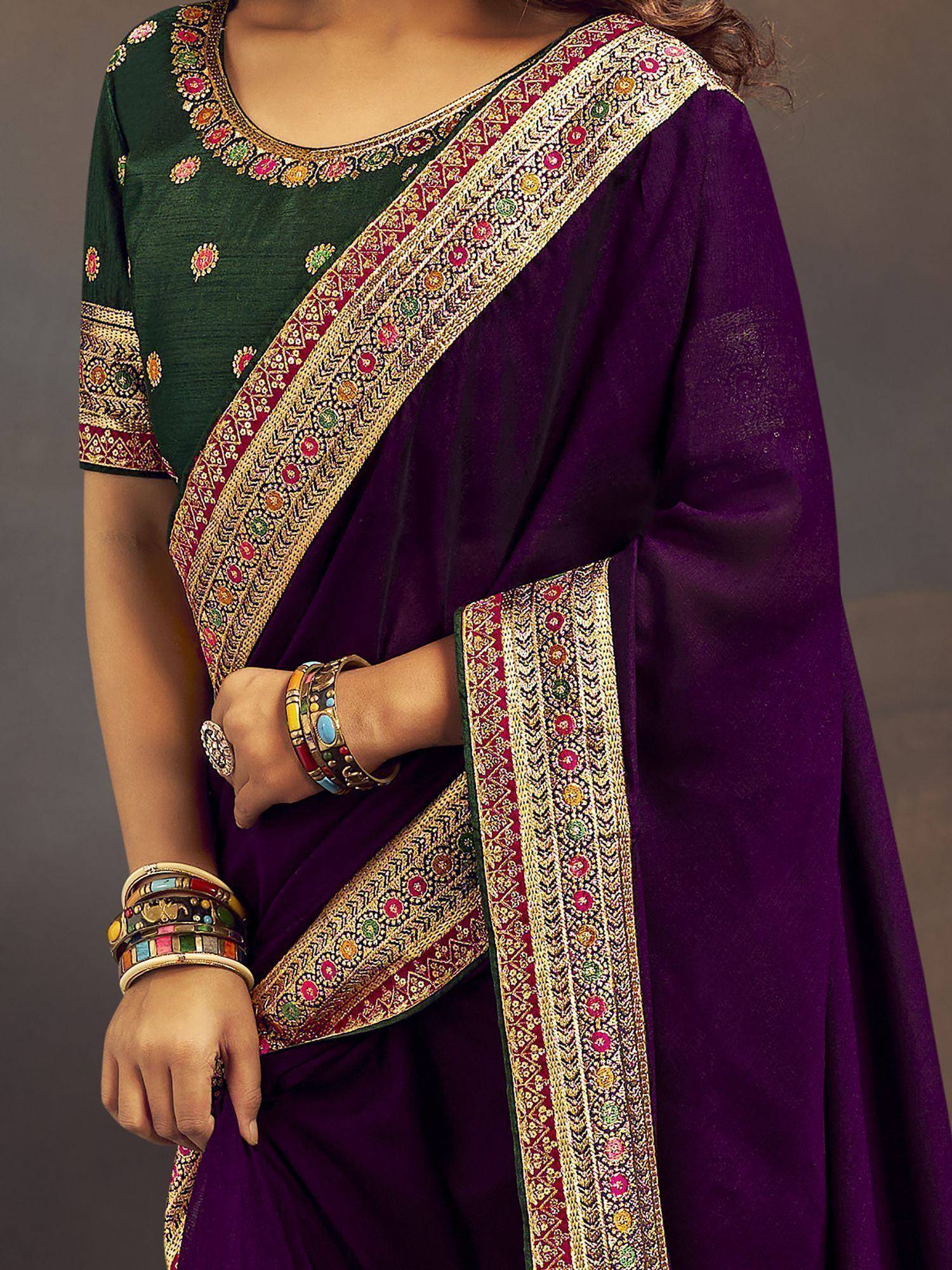 Purple saree with gold embroidery and green blouse, Indian ethnic wear