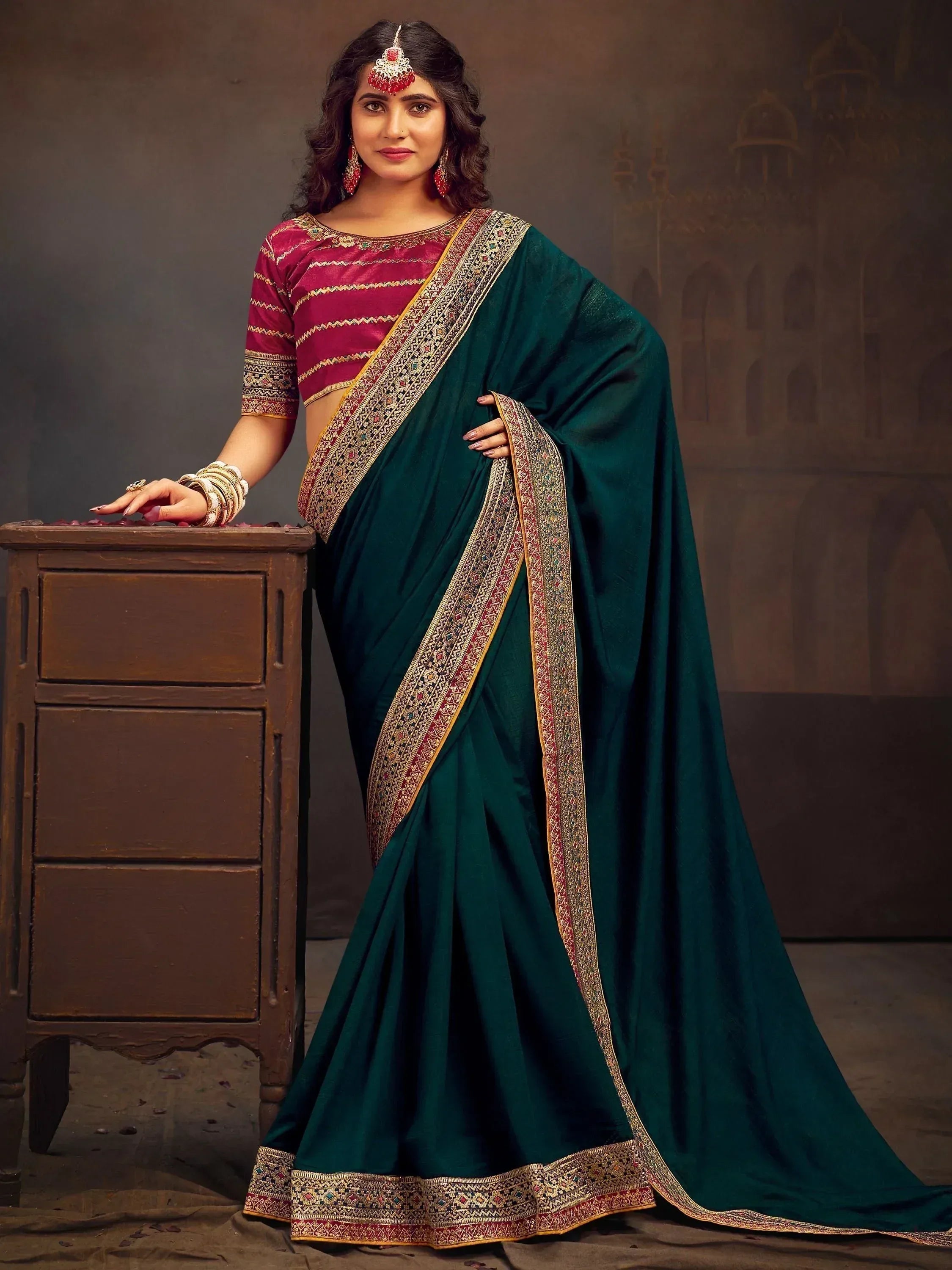 Emerald green saree with gold border and maroon blouse, Indian ethnic wear for women