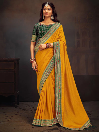 Amazing Yellow Heavy Border Vichitra Haldi Wear Saree With Blouse