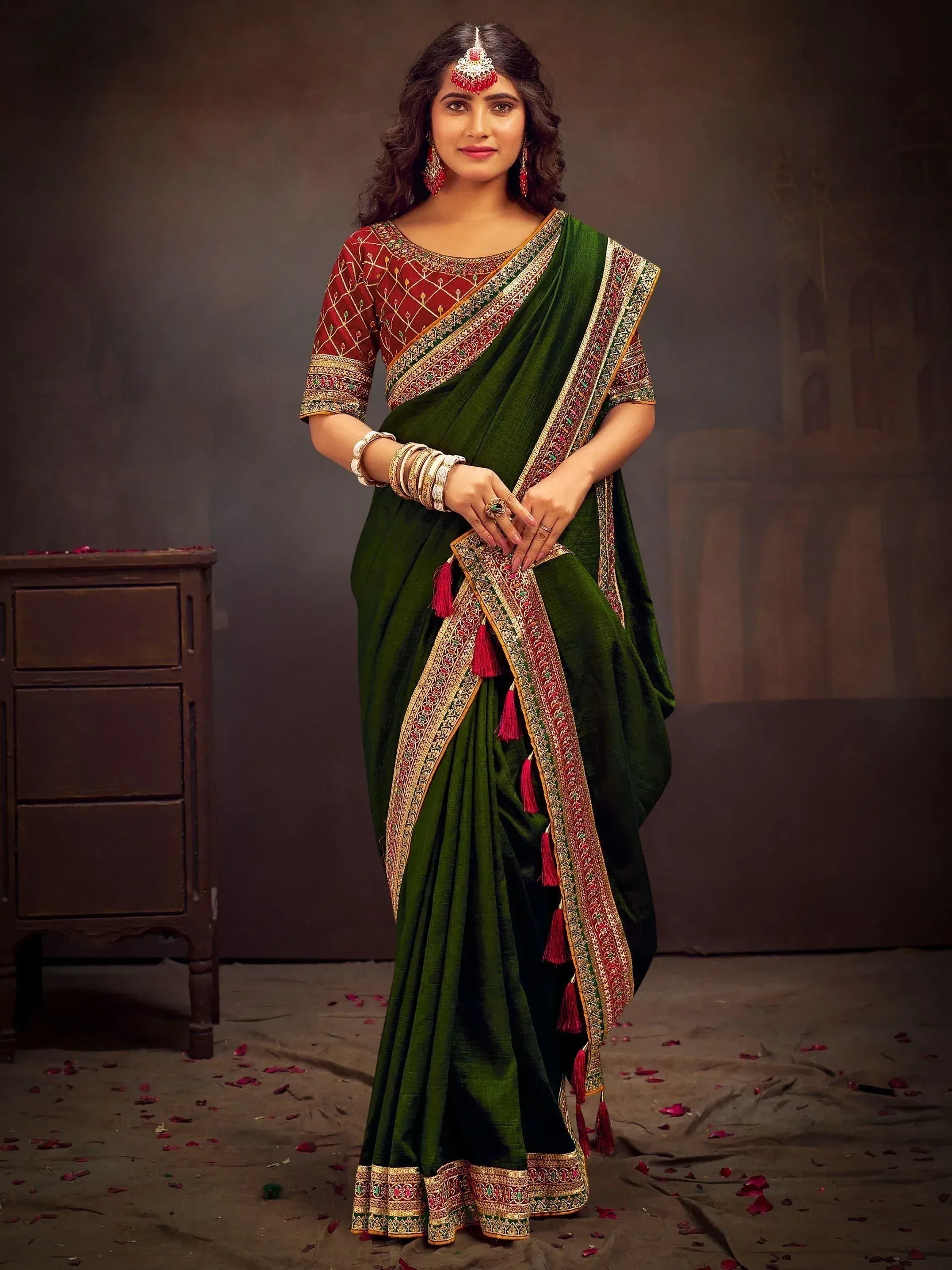 Green embroidered saree with red blouse, perfect for Indian ethnic occasions and weddings