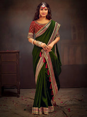 Outstanding Green Heavy Border Work Vichitra Function Wear Saree