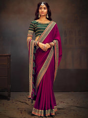 Amazing Wine Heavy Border Work Vichitra Saree With Blouse