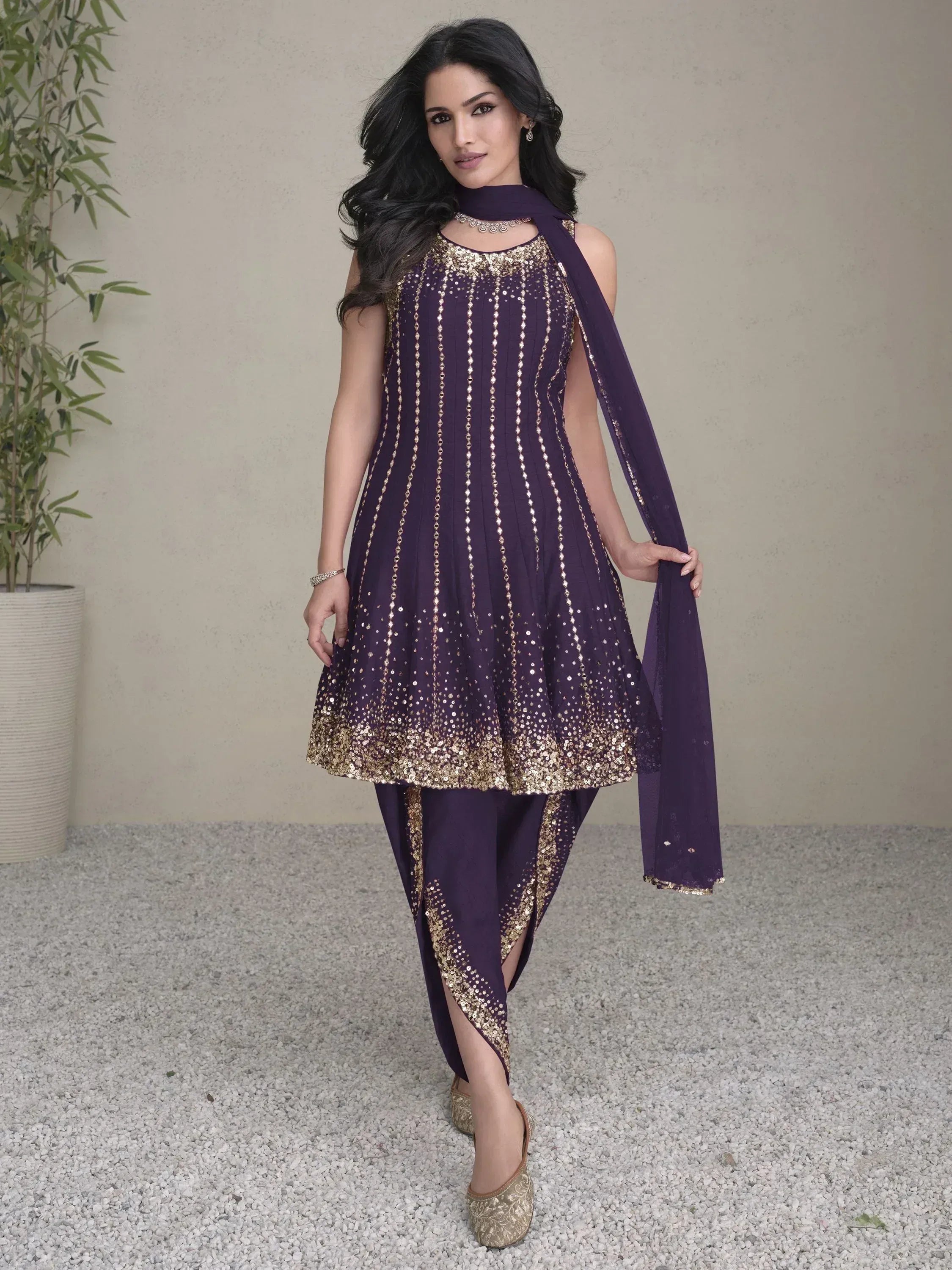 Purple ethnic gown with gold sequins, matching dhoti pants & dupatta for Indian festive wear