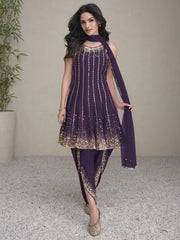 Marvelous Purple Sequins Silk Wedding Wear Dhoti Suit With Dupatta