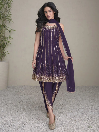 Marvelous Purple Sequins Silk Wedding Wear Dhoti Suit With Dupatta