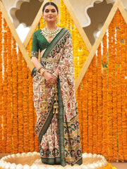 Fascinating Cream & Green Patola Printed Silk Function Wear Saree