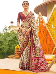 Marvelous Cream & Maroon Patola Printed Silk Traditional Saree