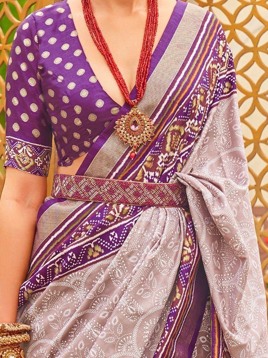Purple polka dot blouse with printed saree, ethnic Indian wear, traditional jewelry