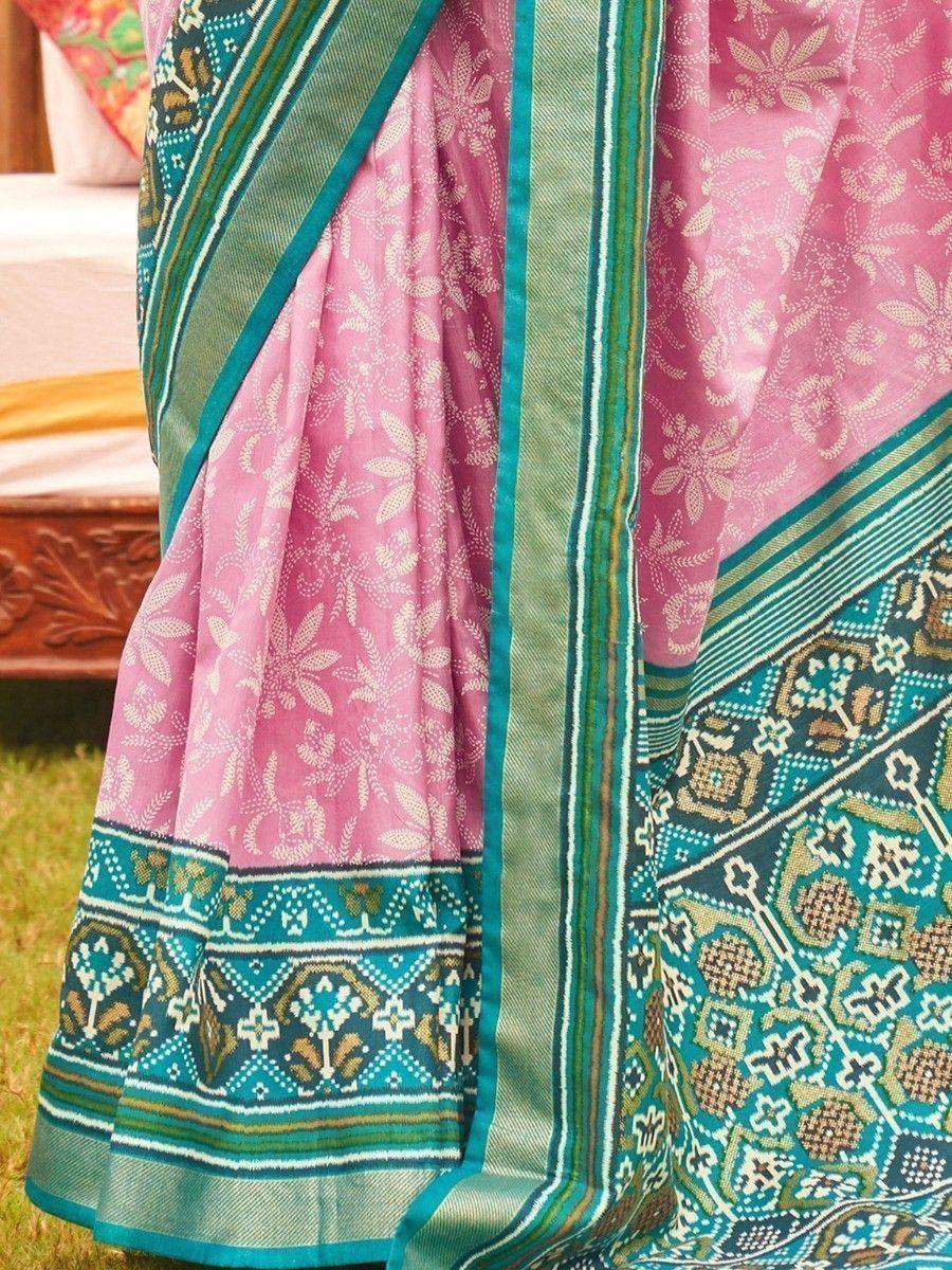 Pink floral printed saree with teal and green border, ethnic Indian wear
