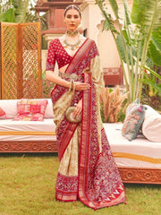 Charming Cream & Red Patola Printed Silk Wedding Saree With Blouse