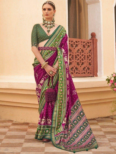 Precious Purple Patola Printed Silk Traditional Saree With Blouse