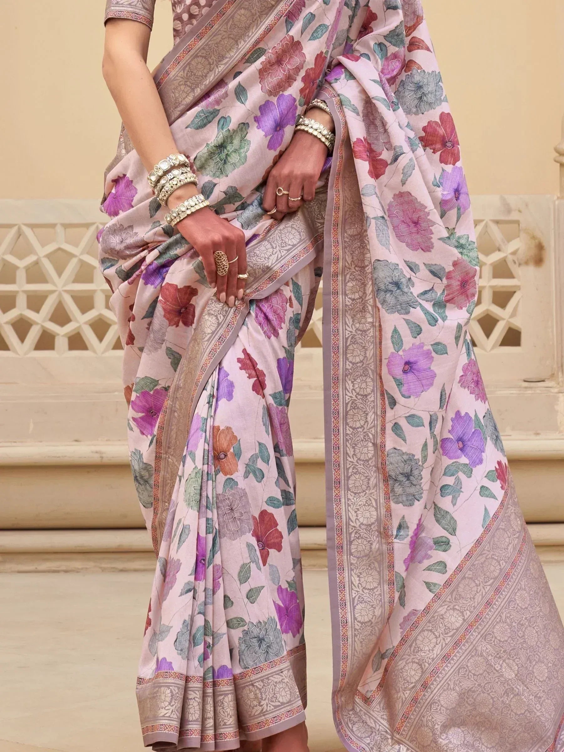 Floral print saree with embroidered border, ethnic Indian wear for women