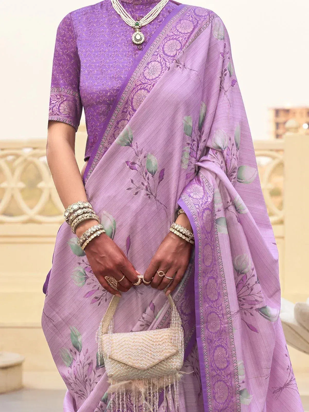 Purple floral printed saree with embroidered blouse, traditional Indian ethnic wear, perfect for weddings and festivals