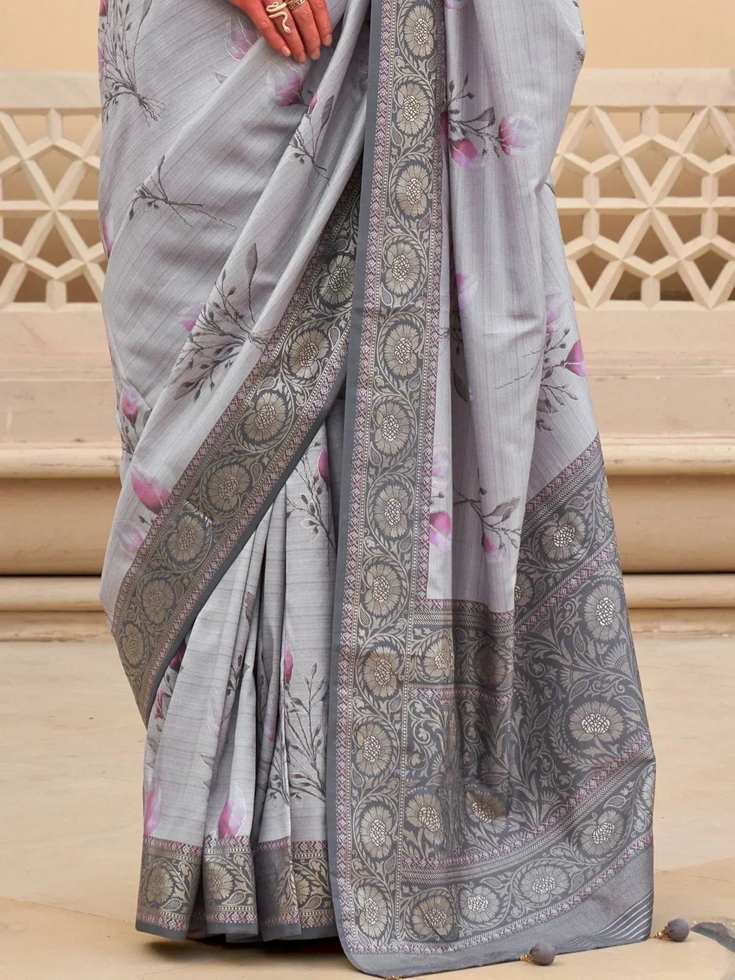 Grey floral saree with intricate border, Indian ethnic wear for women