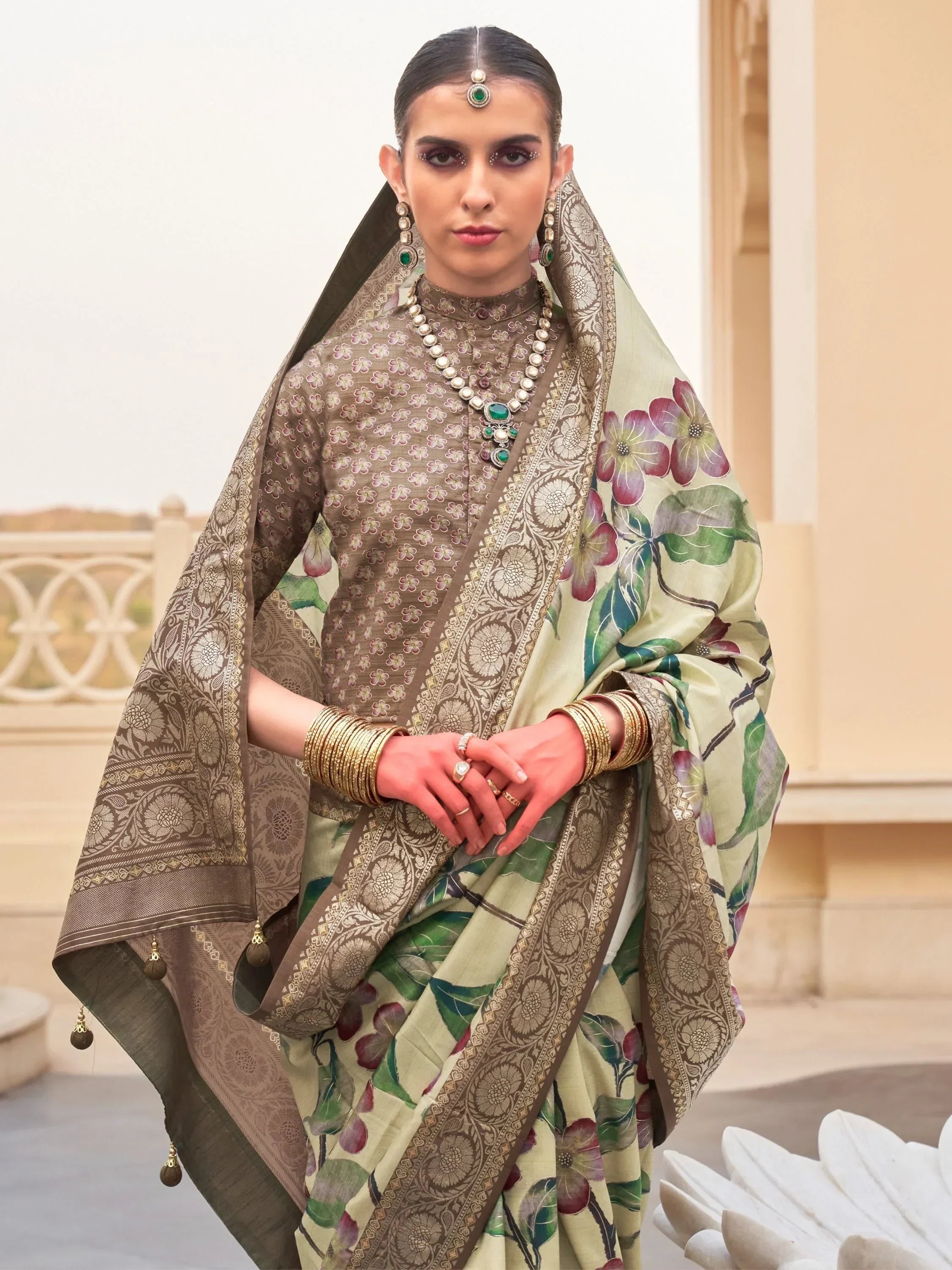 Adorable Cream Floral Printed Silk Festival Wear Saree With Blouse
