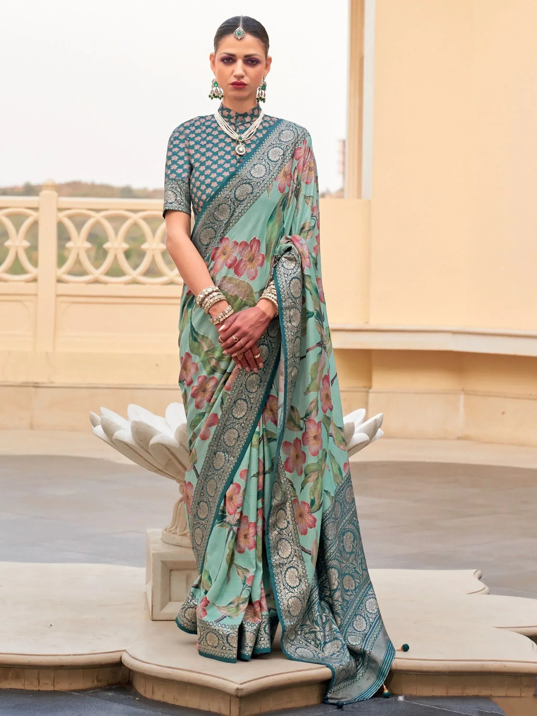 Teal floral saree with gold border, ethnic Indian wear, designer saree for women