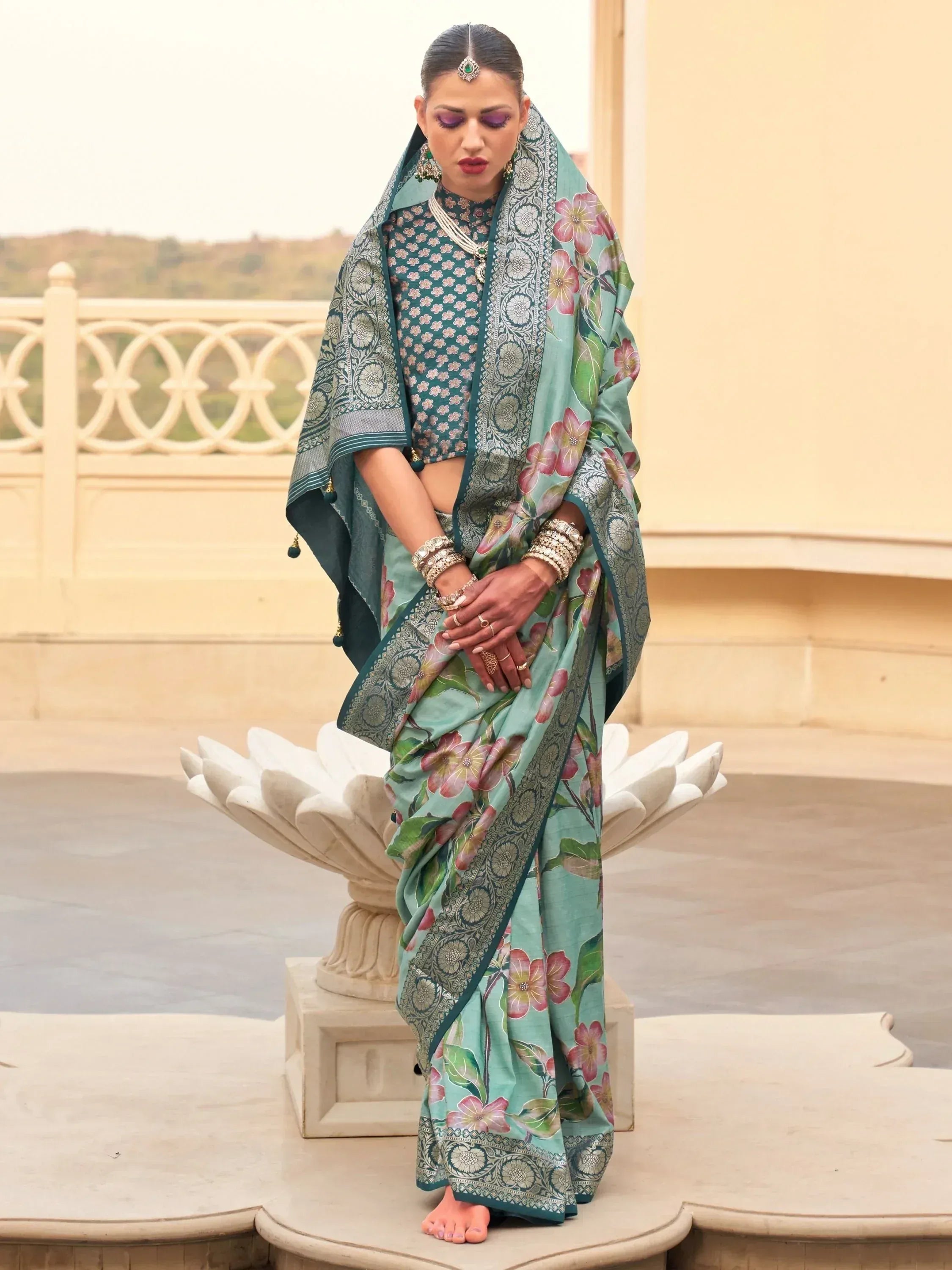 Teal floral saree with silver border, ethnic Indian wear, designer blouse, traditional jewelry