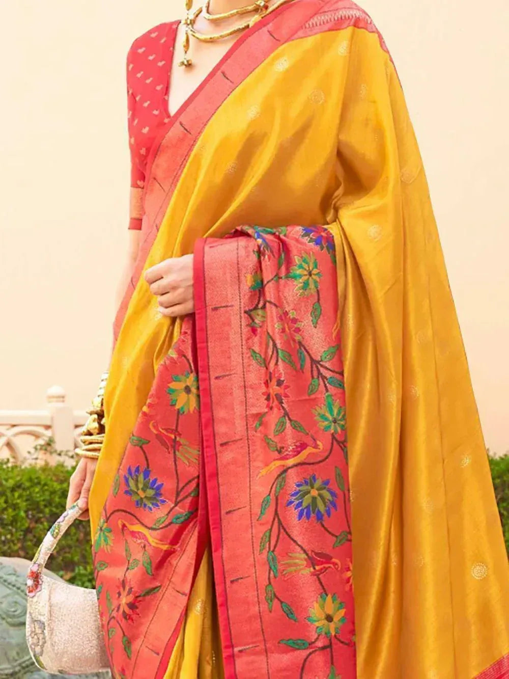 Yellow and pink floral embroidered saree with designer blouse, perfect for Indian ethnic occasions