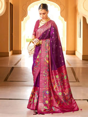 Marvelous Wine Foil Printed Silk Wedding Wear Saree With Blouse