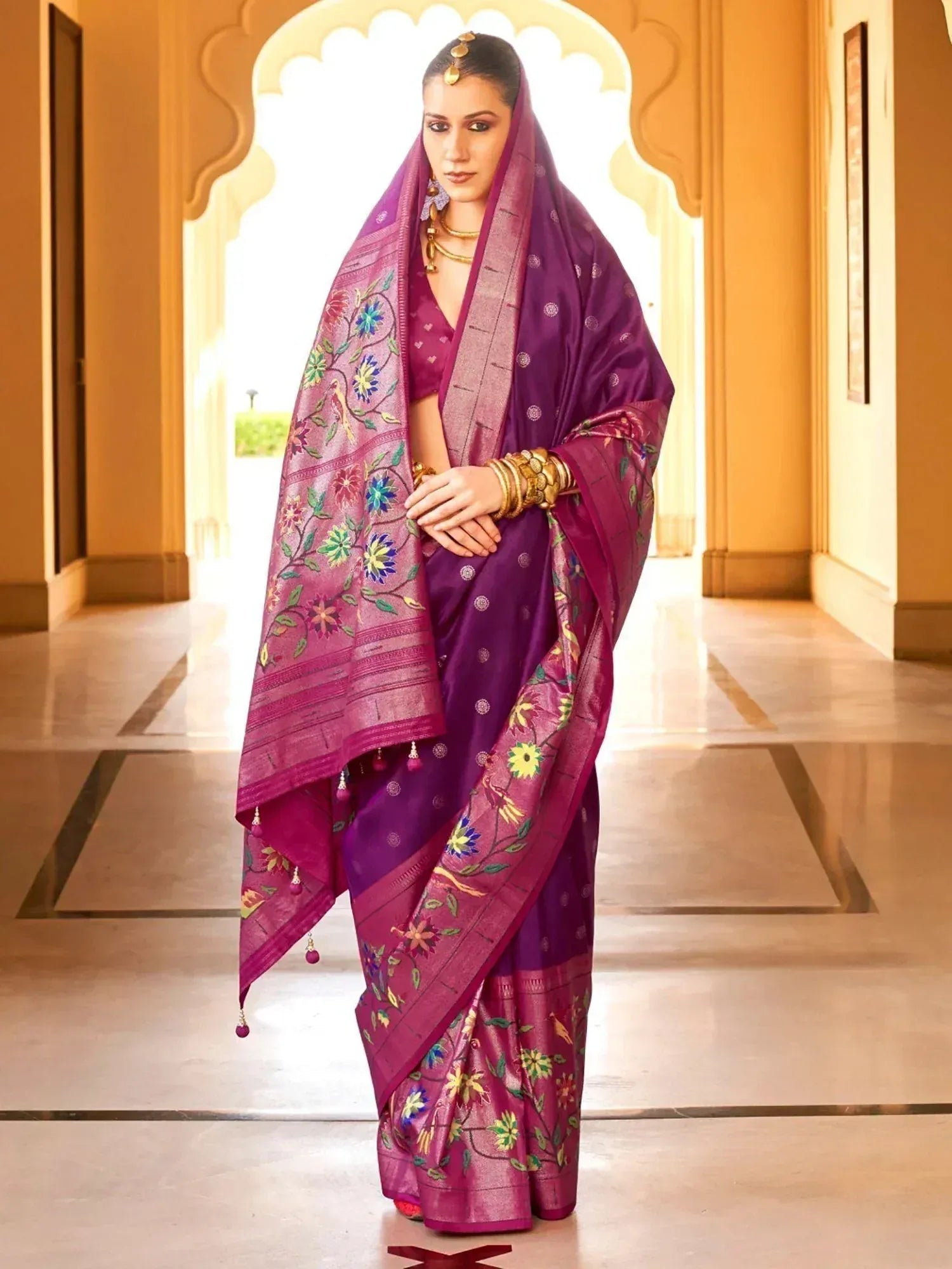 Purple floral embroidered saree with matching blouse, traditional Indian ethnic wear for women