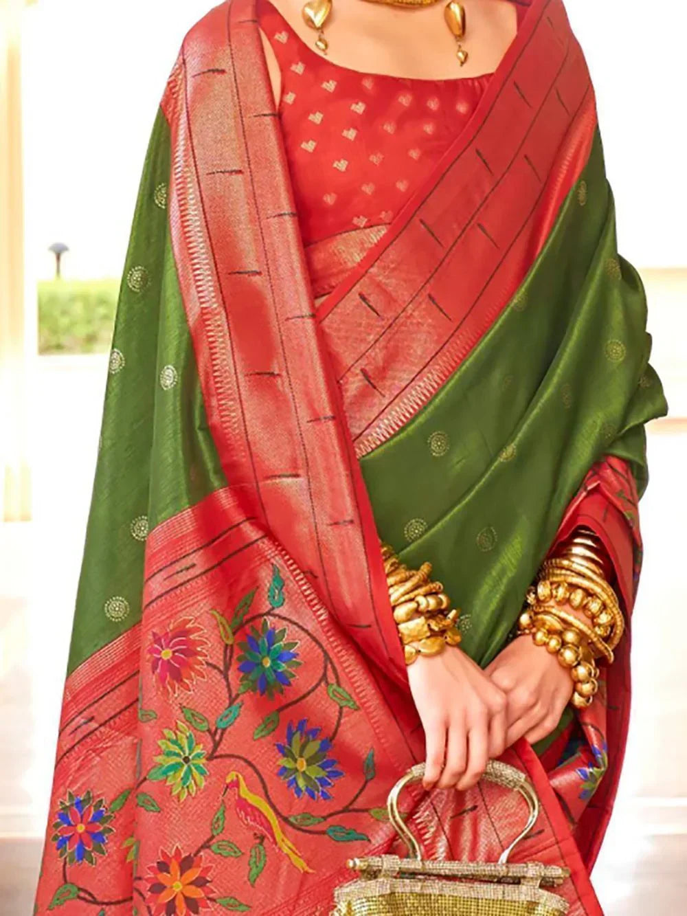 Wonderful Olive Green Digital Printed Silk Event Wear Saree With Blouse