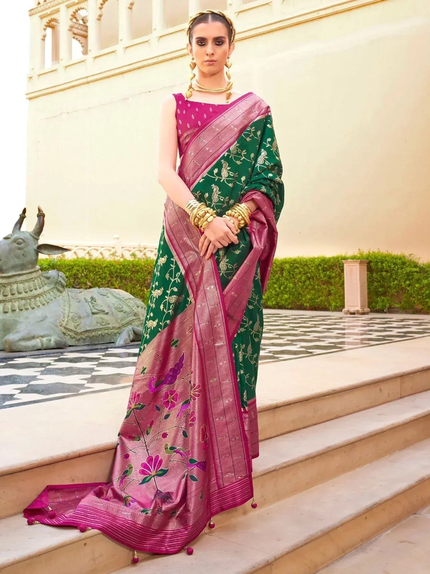 Green and pink floral embroidered saree with designer blouse, perfect for Indian ethnic occasions