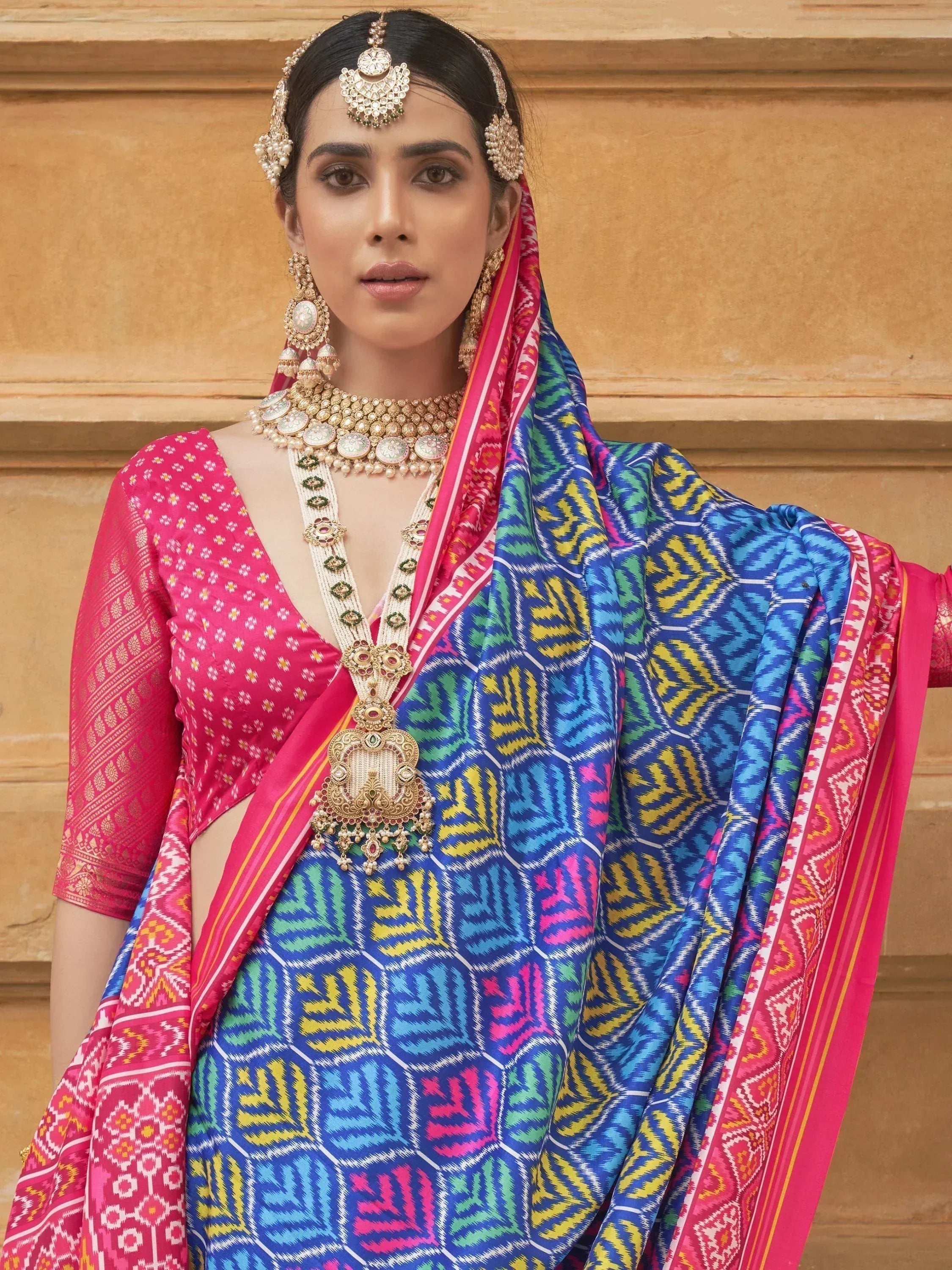 Glamorous Blue Printed Patola Silk Wedding Wear Saree With Blouse