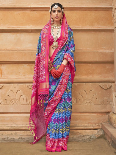 Glamorous Blue Patola Printed Silk Festival Wear Saree With Blouse