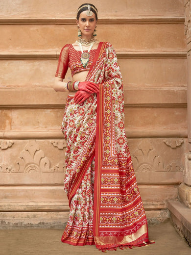 Alluring Beige Patola Printed Silk Event Wear Saree With Blouse