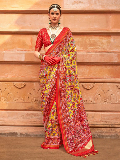 Attractive Mustard Yellow Patola Printed Silk Saree With Blouse