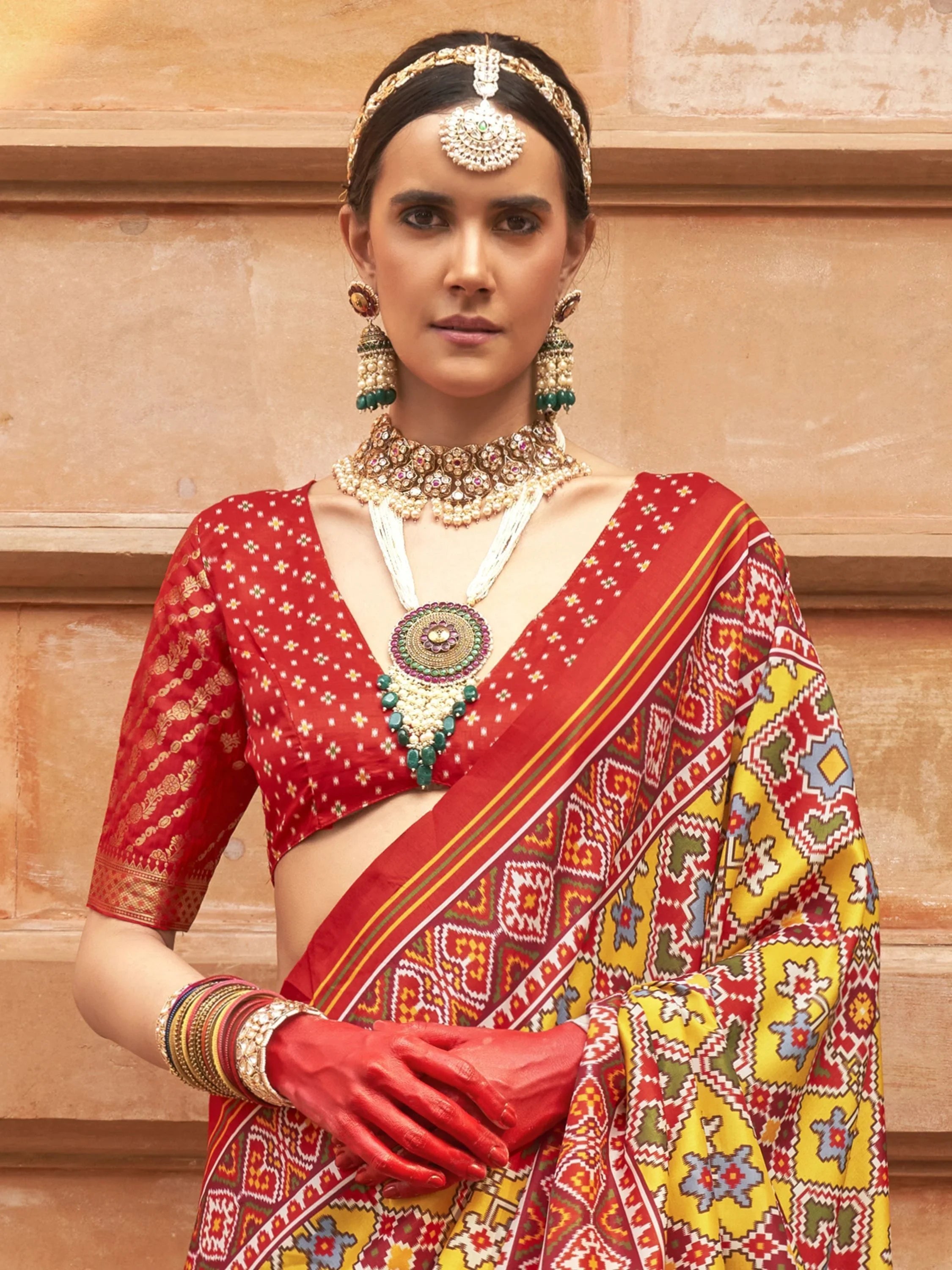 Attractive Mustard Yellow Patola Printed Silk Saree With Blouse