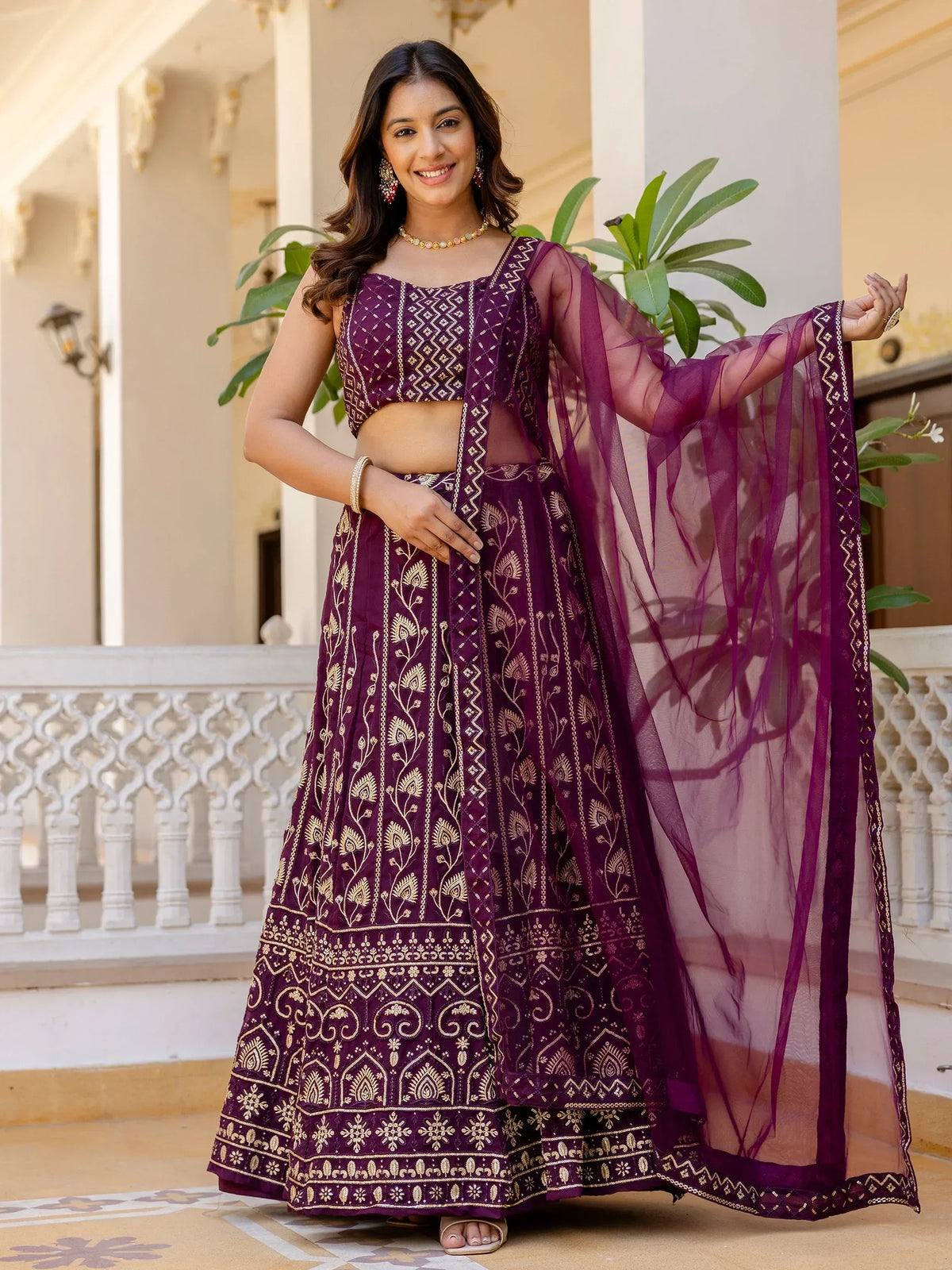 Purple embroidered lehenga choli with sheer dupatta, Indian ethnic wear for women
