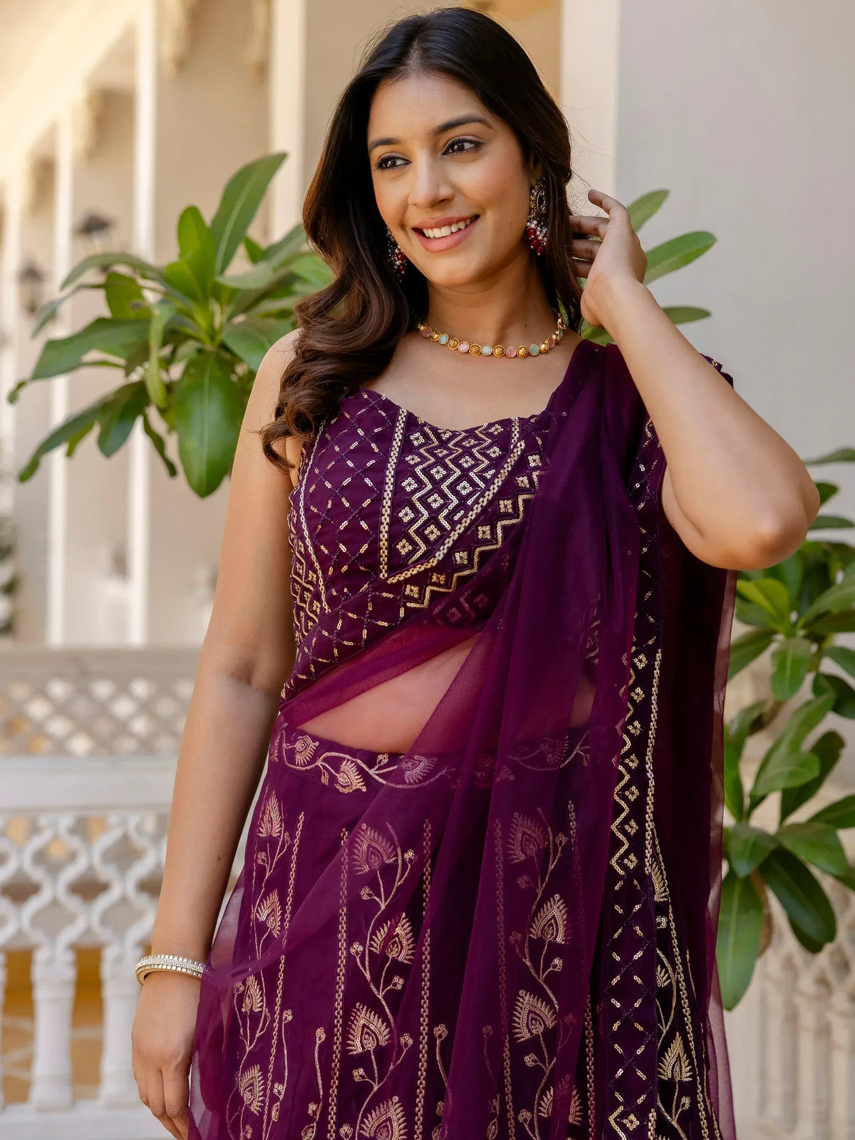 Purple embroidered lehenga choli with gold detailing, perfect for Indian ethnic wear occasions