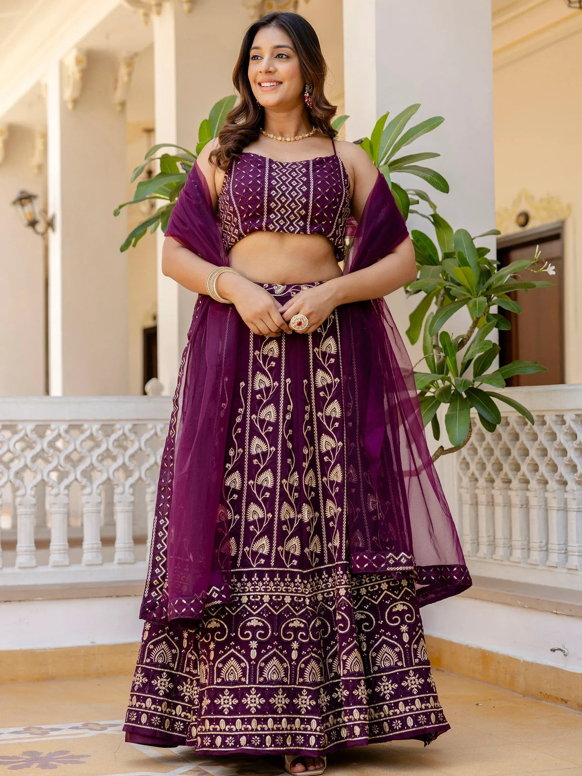 Purple embroidered lehenga choli with gold detailing, perfect for Indian ethnic wear occasions