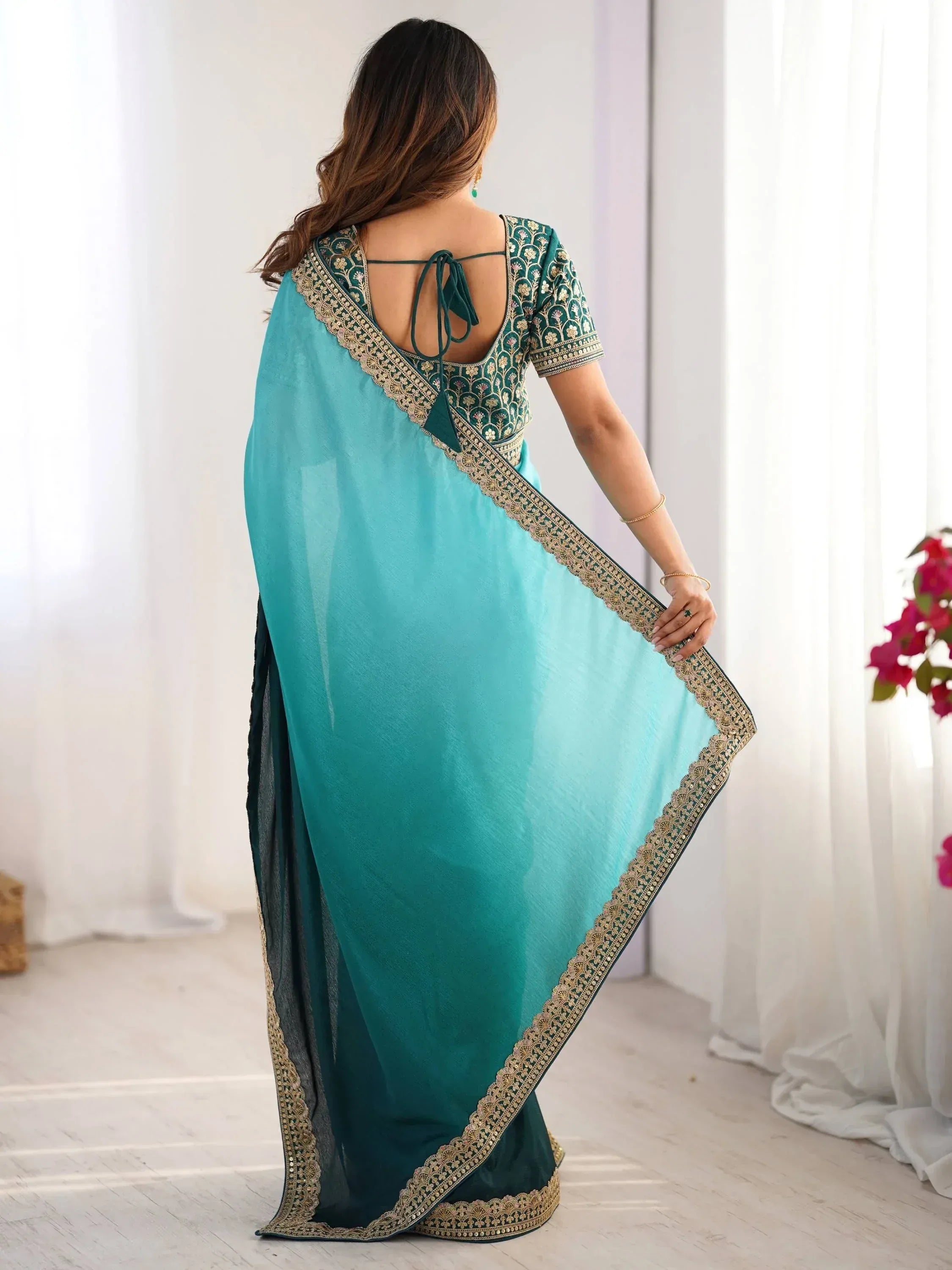Teal saree with gold embroidery and back-tie blouse, Indian ethnic wear