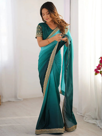 Charming Teal Blue Shaded Chinon Event Wear Saree With Blouse