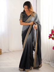Delightful Grey Shaded Chinon Wedding Wear Saree With Blouse