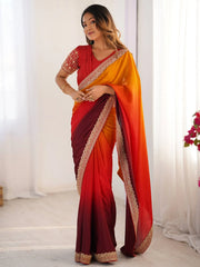 Exquisite Coral Red Shaded Chinon Festive Wear Saree With Blouse