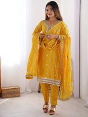 Fantastic Yellow Sequins Work Chinon Haldi Wear Pant Suit With Dupatta