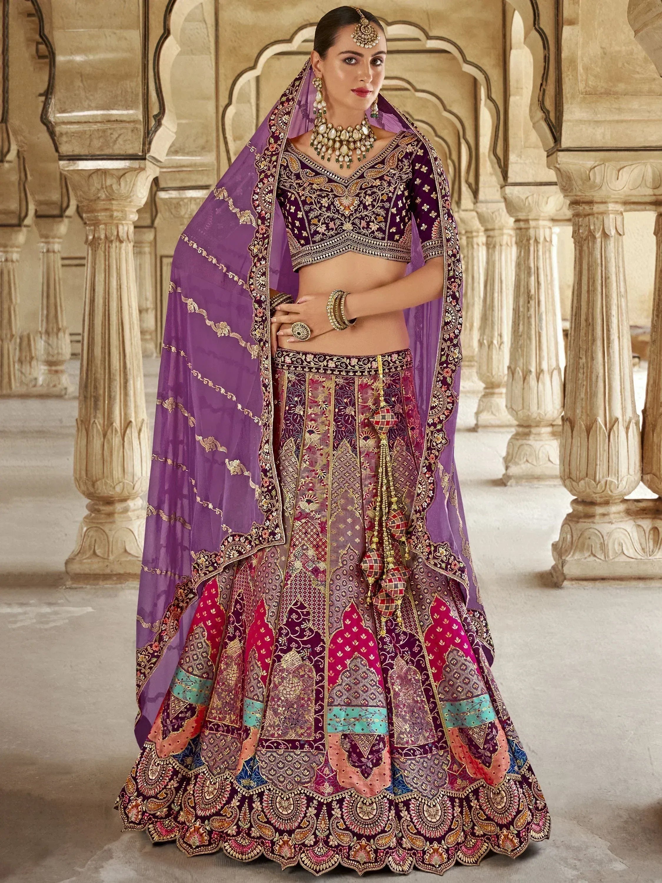 Purple and gold embroidered lehenga choli with dupatta, Indian ethnic wear for weddings and festivals