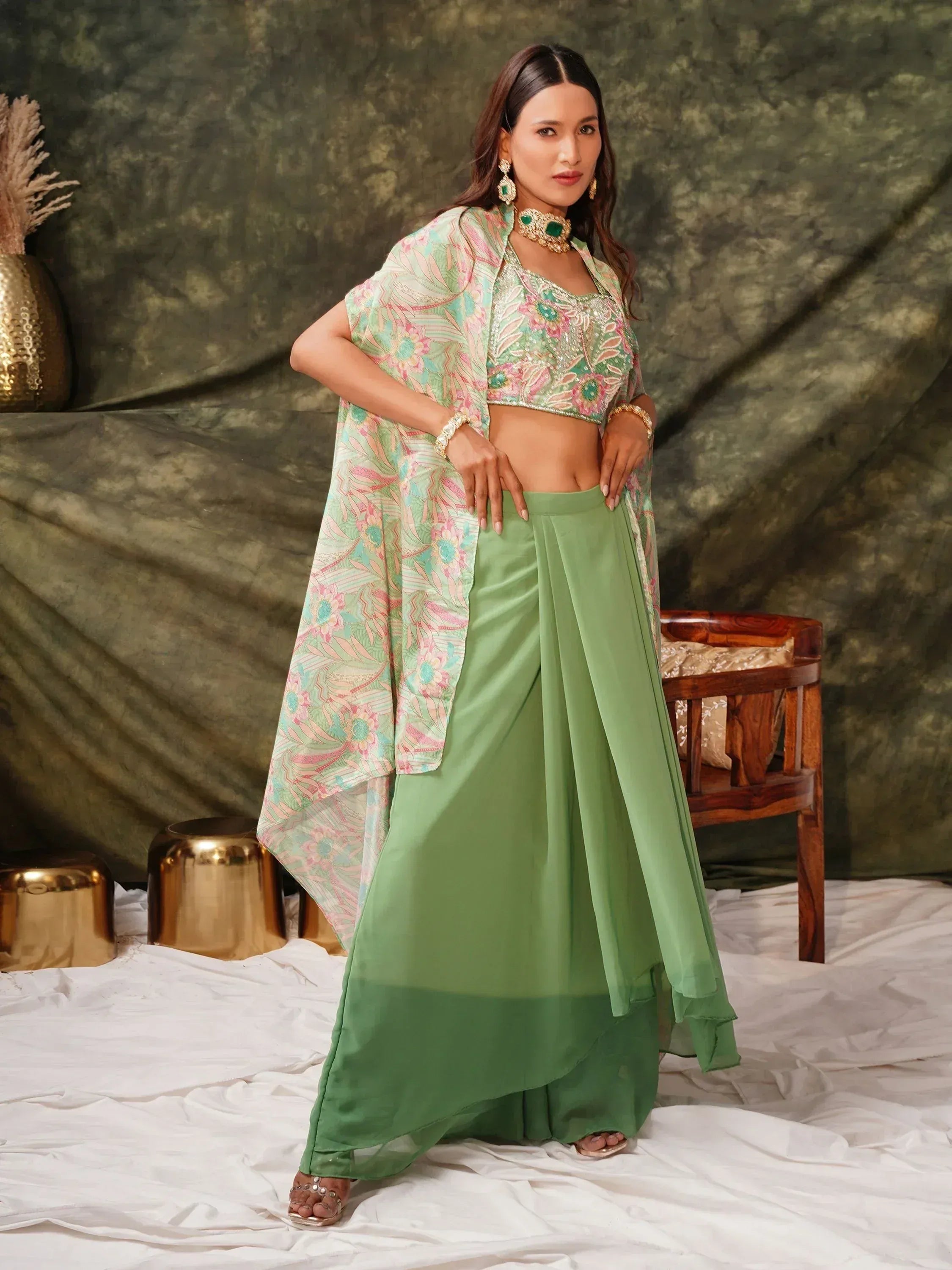 Green floral embroidered crop top with palazzo pants and printed cape, Indian ethnic wear