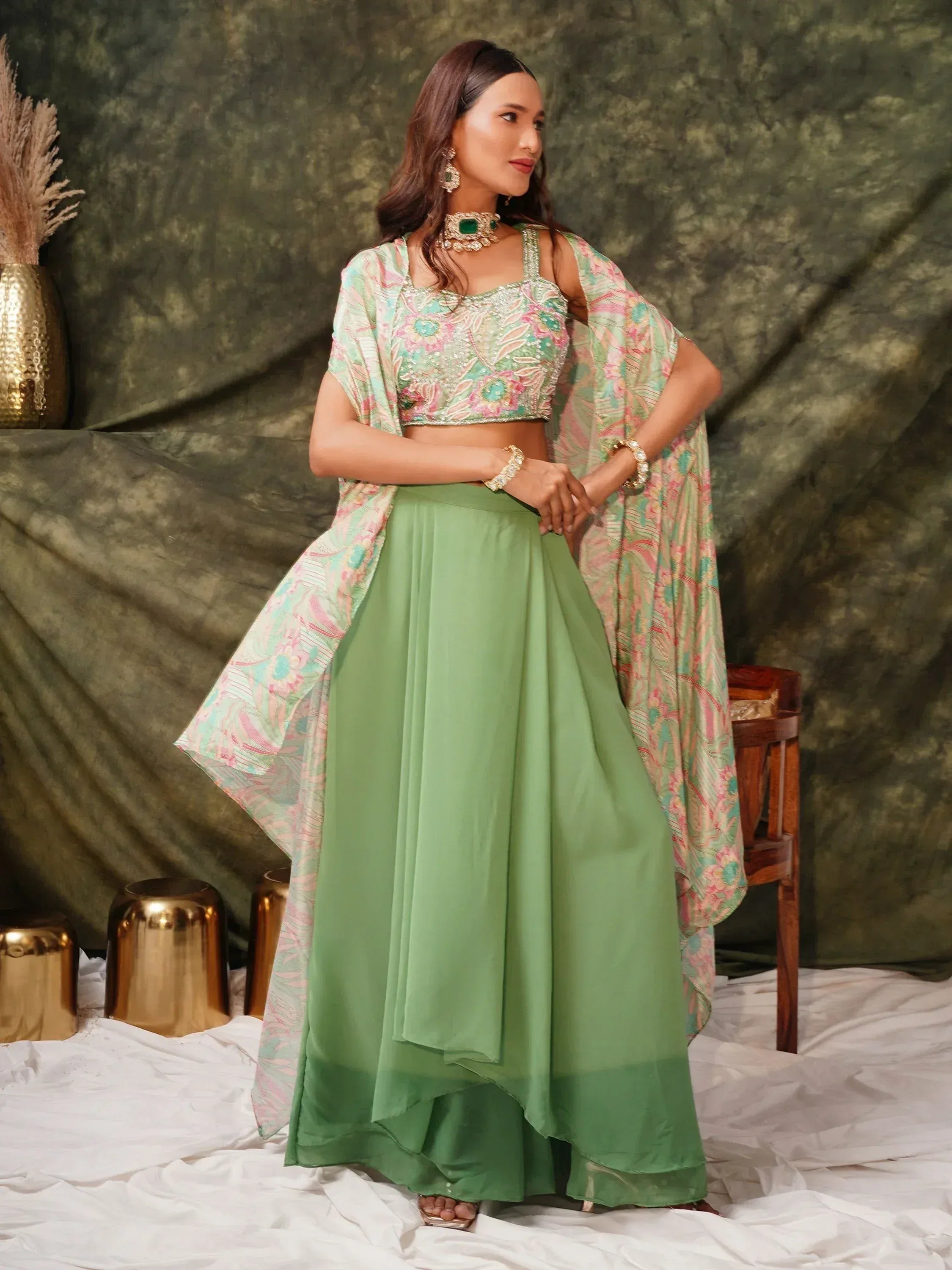 Green embroidered lehenga choli with floral dupatta, Indian ethnic wear for women