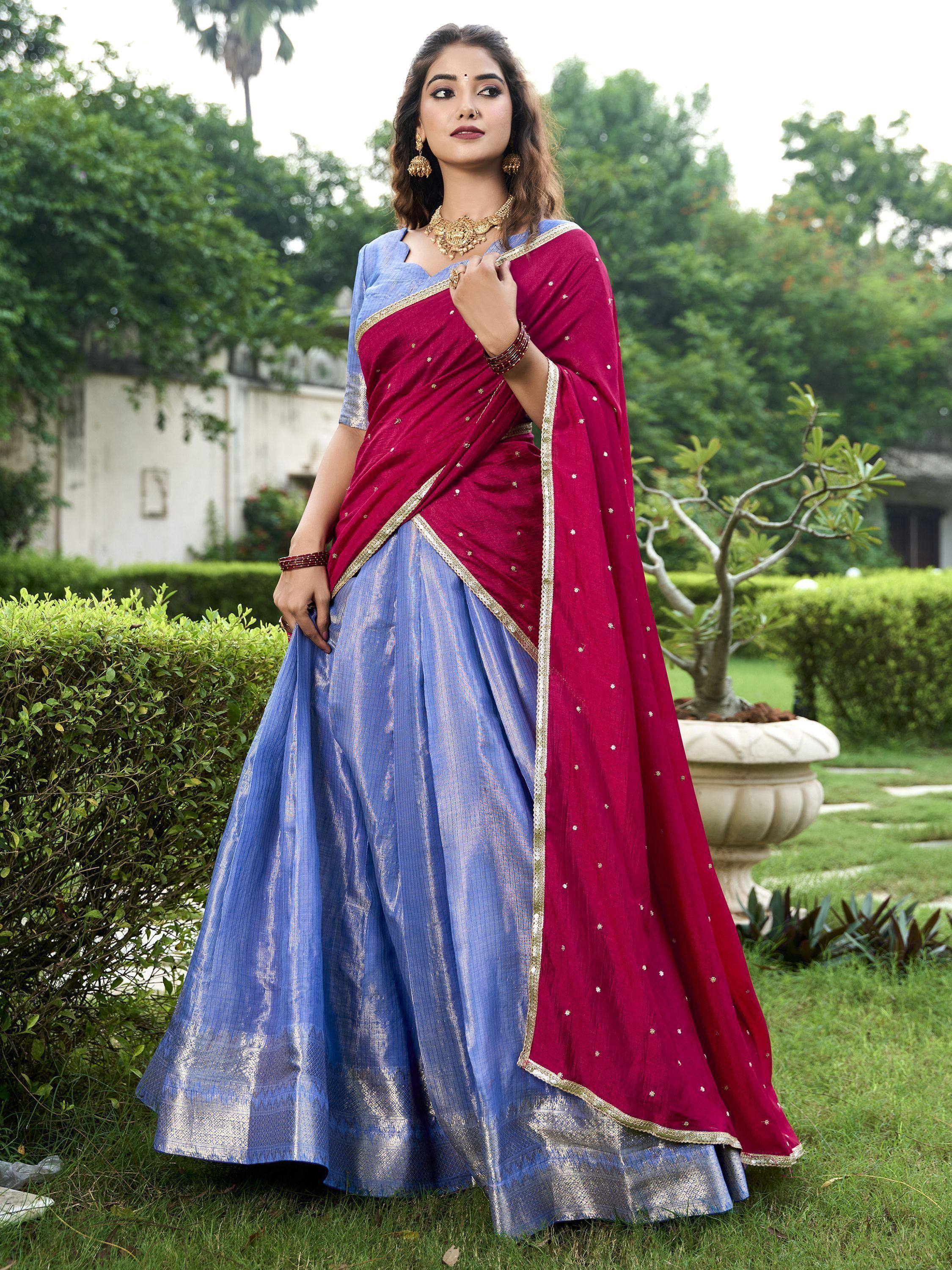 Blue and maroon Indian ethnic lehenga choli with gold embroidery, perfect for festive occasions